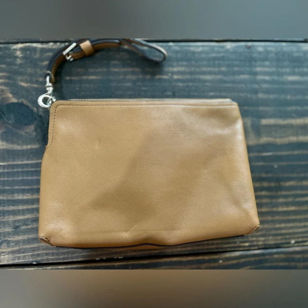 Coach Genuine Pebbled Leather Saddle Brown Corner Zip Wristlet
